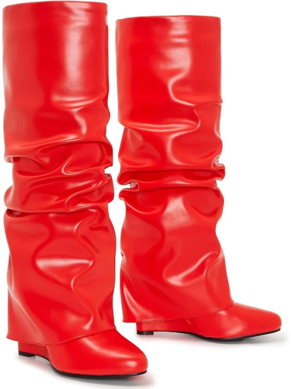 Women's Red Rubber Fold Over Knee High Wedge Pointed Toe Pull-On Boots